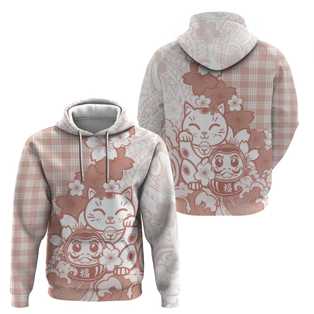 Beige Palaka Hawaiian And Japanese Hoodie Maneki Neko And Sakura Bloom DT05 - Polynesian Pride