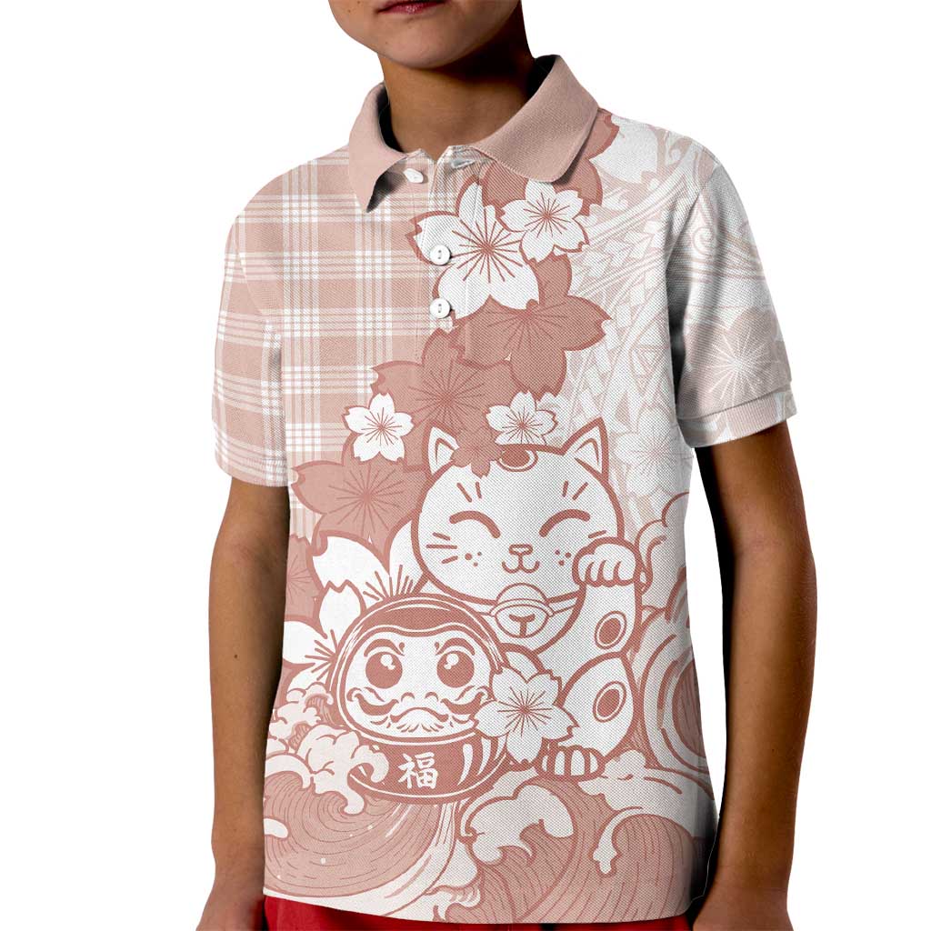 Beige Palaka Hawaiian And Japanese Kid Polo Shirt Maneki Neko And Sakura Bloom DT05 Kid Beige - Polynesian Pride