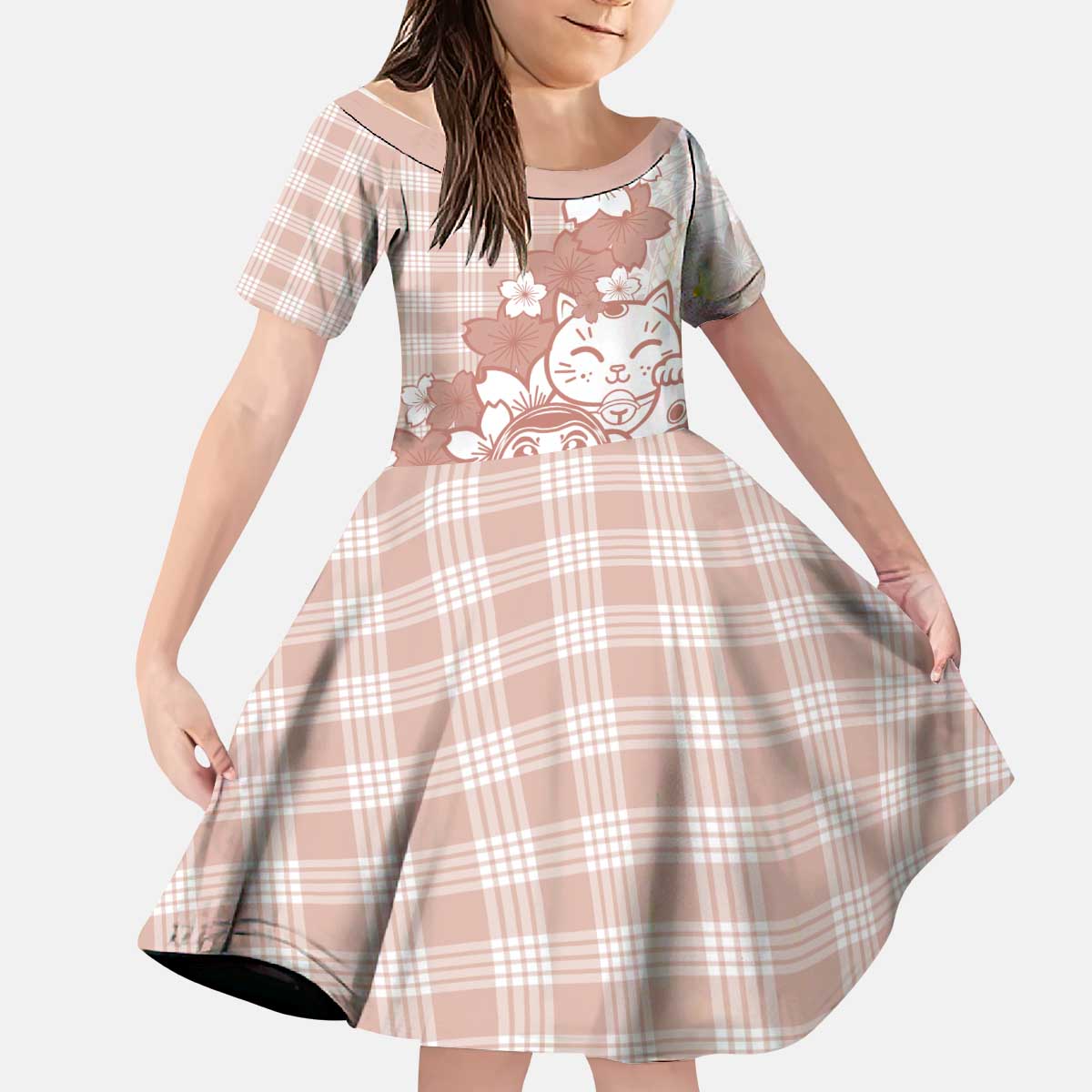 Beige Palaka Hawaiian And Japanese Kid Short Sleeve Dress Maneki Neko And Sakura Bloom DT05 KID Beige - Polynesian Pride