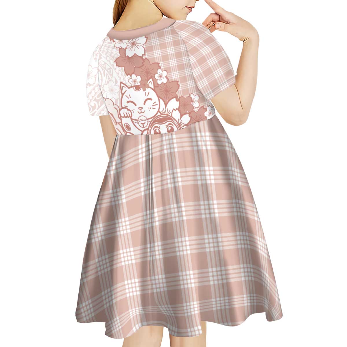 Beige Palaka Hawaiian And Japanese Kid Short Sleeve Dress Maneki Neko And Sakura Bloom DT05 - Polynesian Pride