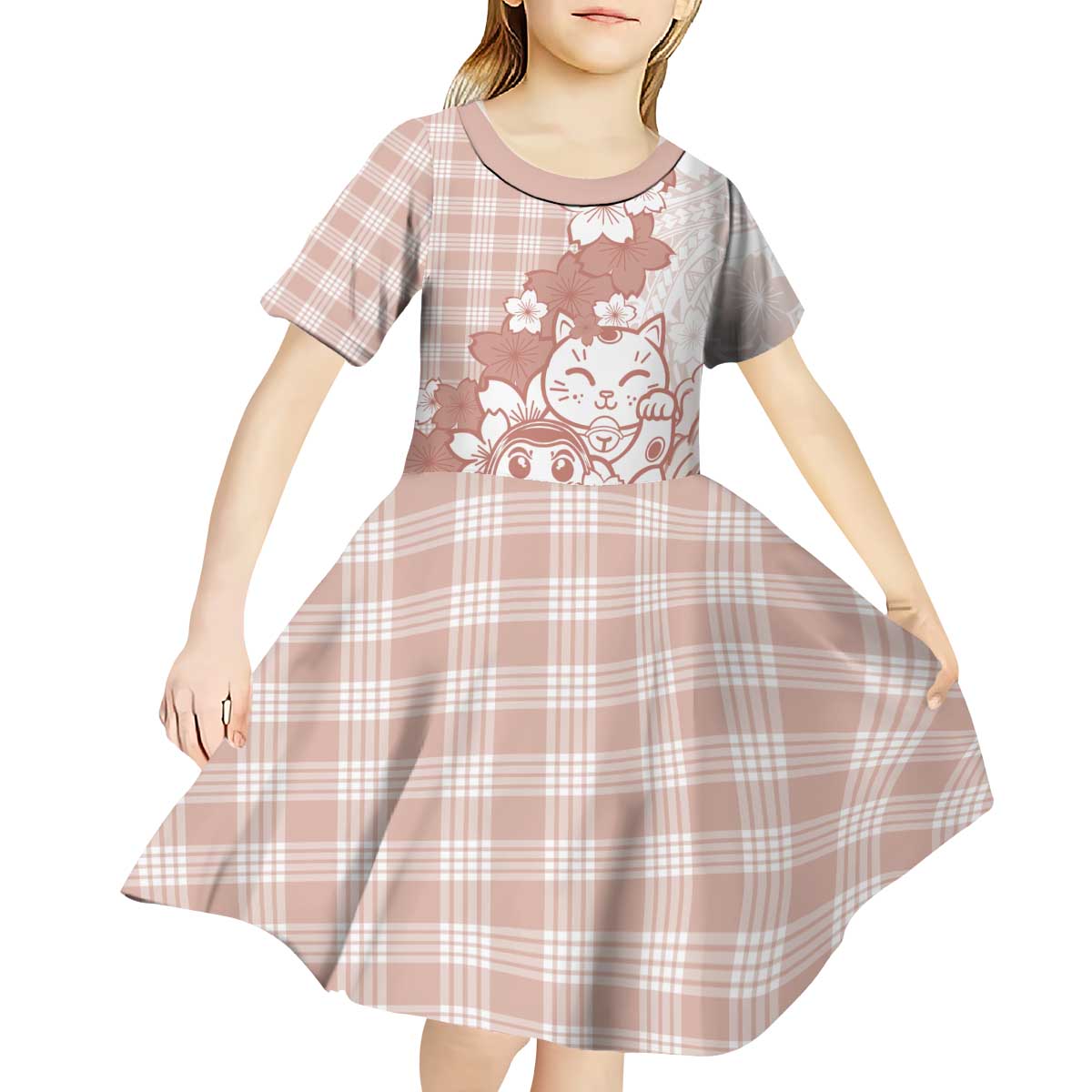 Beige Palaka Hawaiian And Japanese Kid Short Sleeve Dress Maneki Neko And Sakura Bloom DT05 - Polynesian Pride