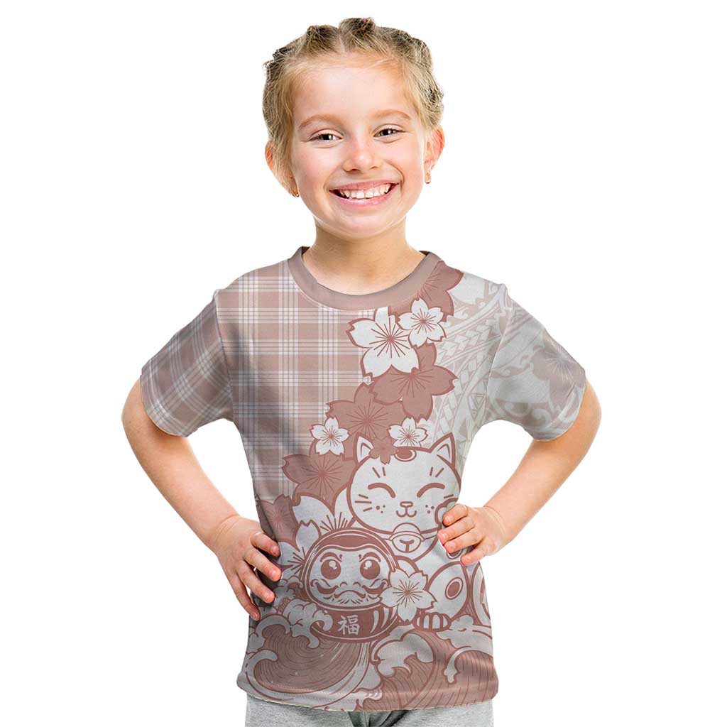 Beige Palaka Hawaiian And Japanese Kid T Shirt Maneki Neko And Sakura Bloom DT05 Beige - Polynesian Pride