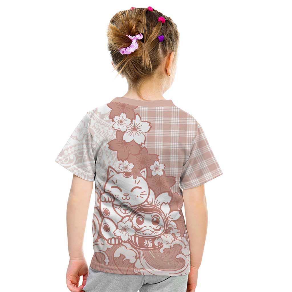 Beige Palaka Hawaiian And Japanese Kid T Shirt Maneki Neko And Sakura Bloom DT05 - Polynesian Pride