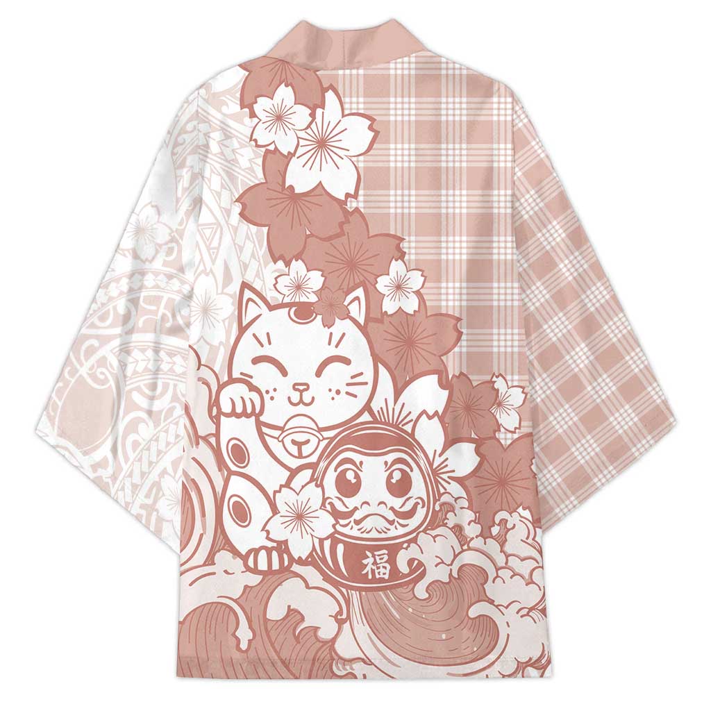 Beige Palaka Hawaiian And Japanese Kimono Maneki Neko And Sakura Bloom DT05 - Polynesian Pride