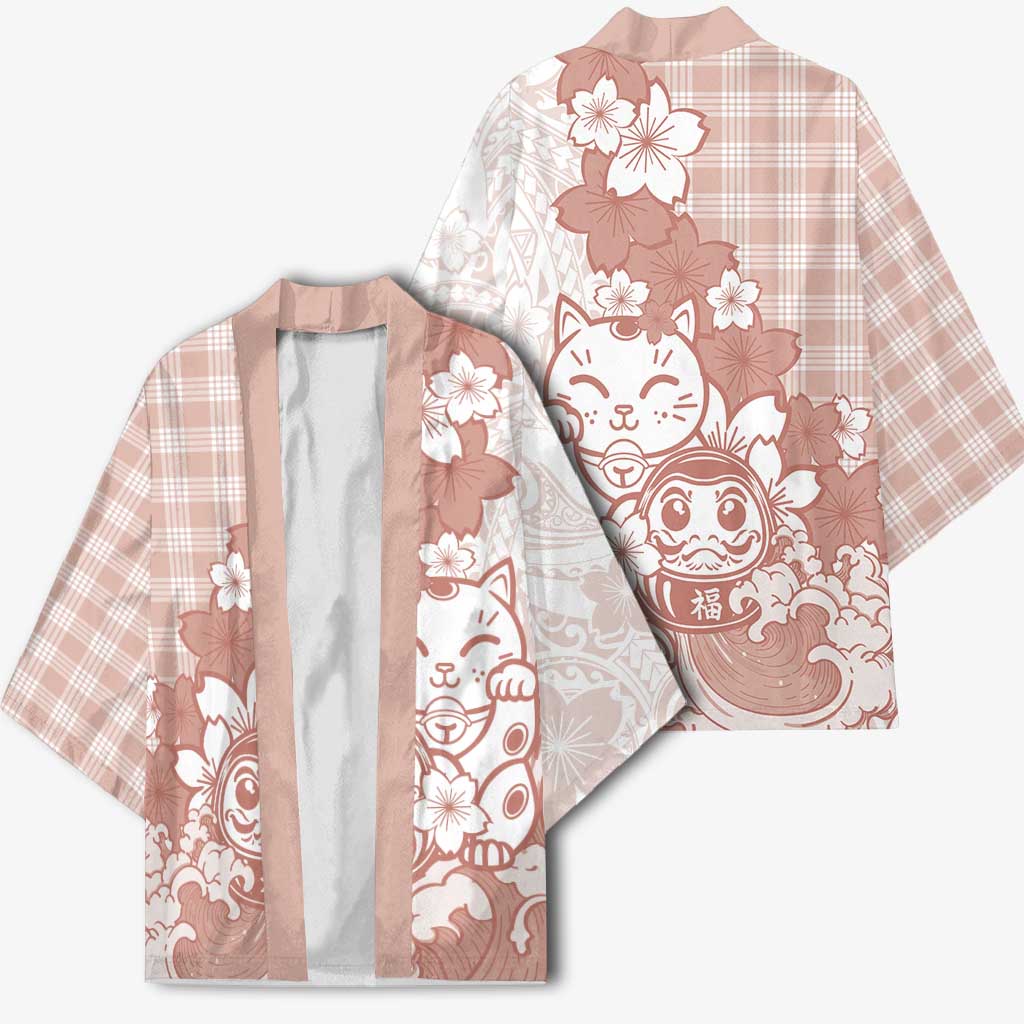 Beige Palaka Hawaiian And Japanese Kimono Maneki Neko And Sakura Bloom DT05 - Polynesian Pride