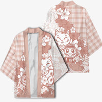 Beige Palaka Hawaiian And Japanese Kimono Maneki Neko And Sakura Bloom DT05 - Polynesian Pride