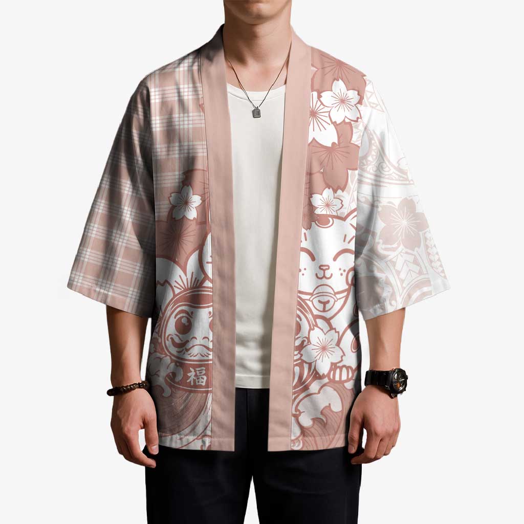 Beige Palaka Hawaiian And Japanese Kimono Maneki Neko And Sakura Bloom DT05 - Polynesian Pride