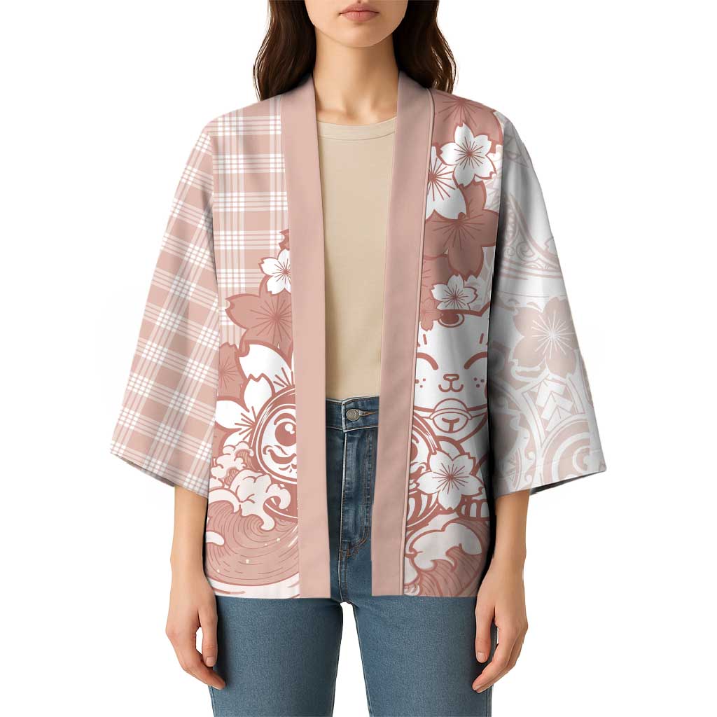 Beige Palaka Hawaiian And Japanese Kimono Maneki Neko And Sakura Bloom DT05 - Polynesian Pride