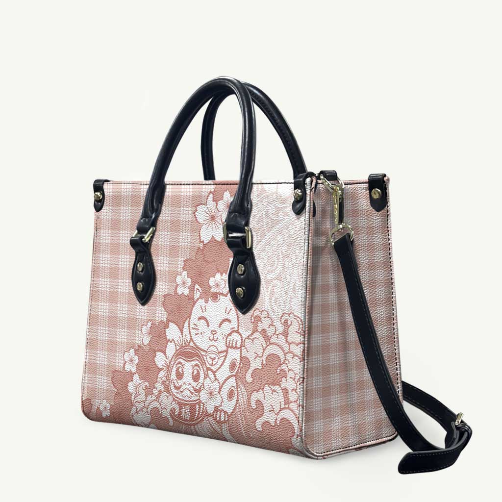 Beige Palaka Hawaiian And Japanese Leather Bag Maneki Neko And Sakura Bloom