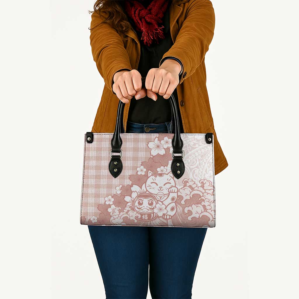 Beige Palaka Hawaiian And Japanese Leather Bag Maneki Neko And Sakura Bloom