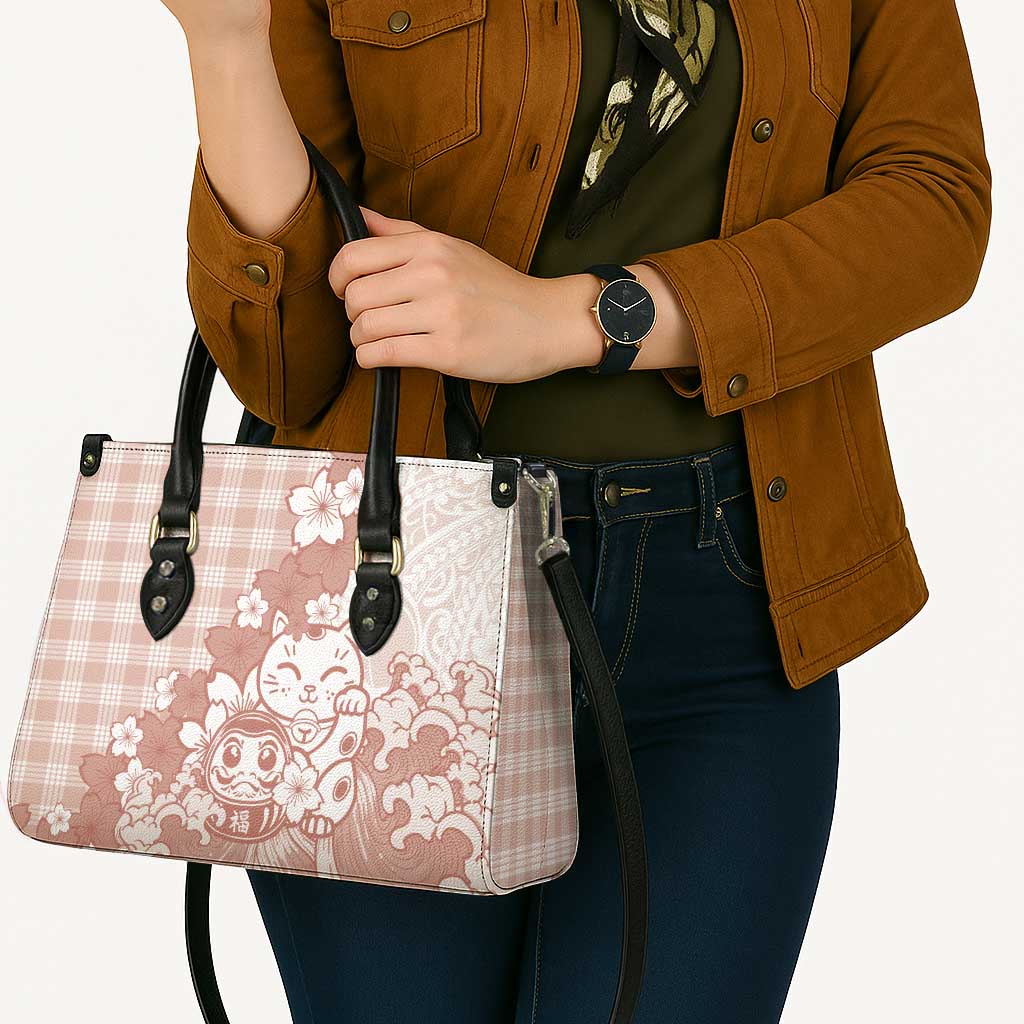 Beige Palaka Hawaiian And Japanese Leather Bag Maneki Neko And Sakura Bloom