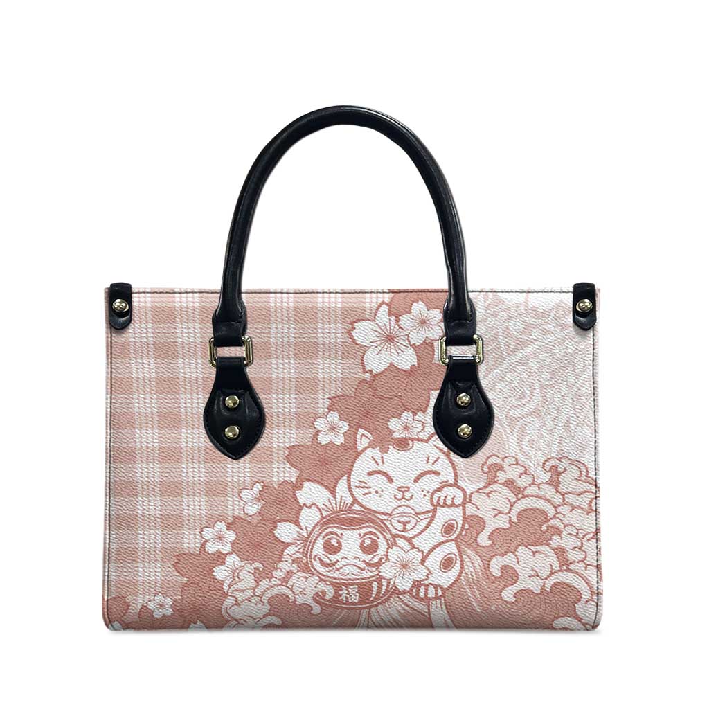 Beige Palaka Hawaiian And Japanese Leather Bag Maneki Neko And Sakura Bloom
