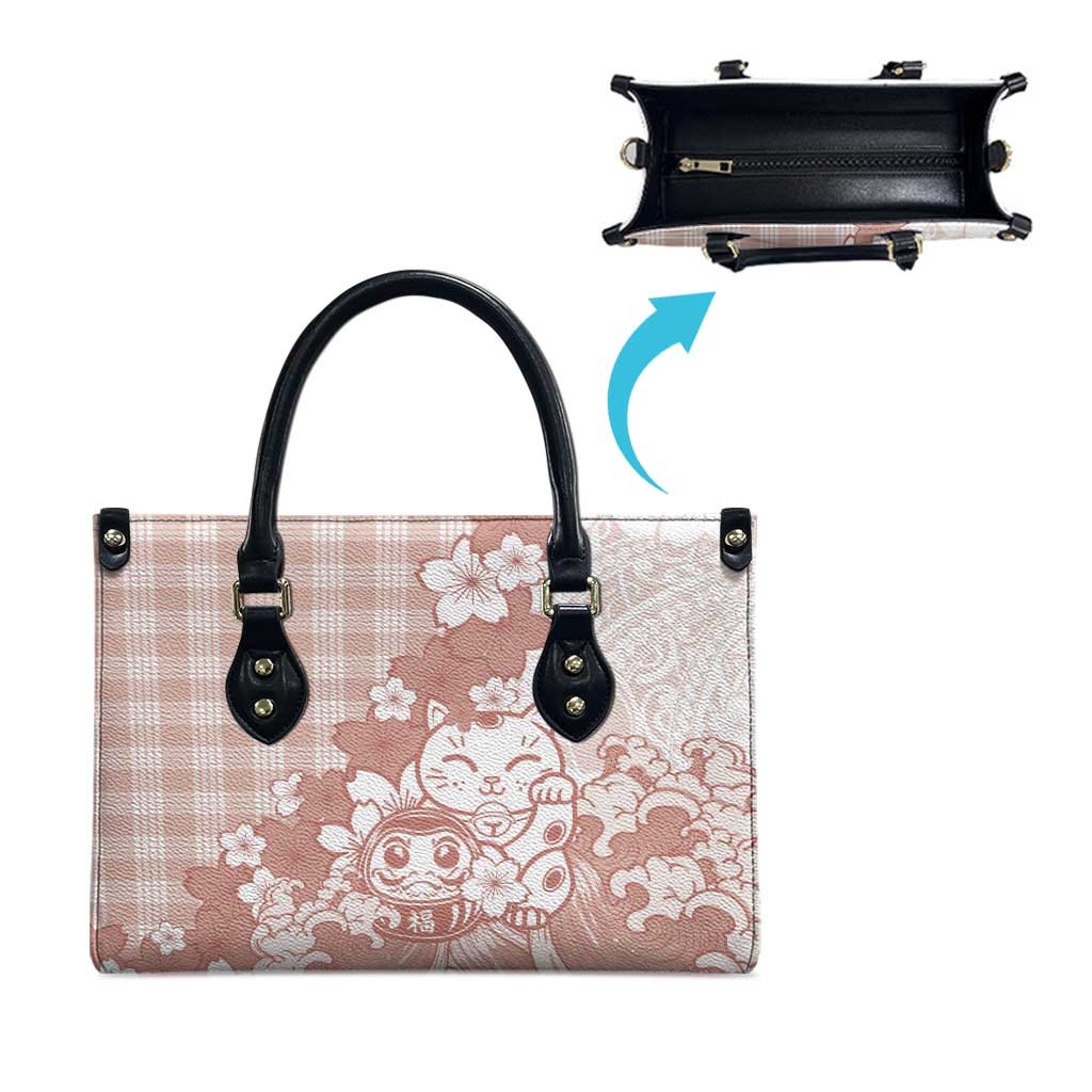 Beige Palaka Hawaiian And Japanese Leather Bag Maneki Neko And Sakura Bloom