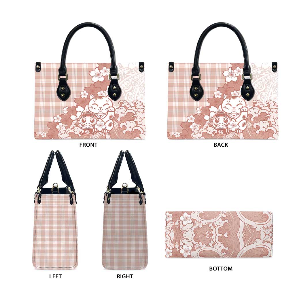 Beige Palaka Hawaiian And Japanese Leather Bag Maneki Neko And Sakura Bloom