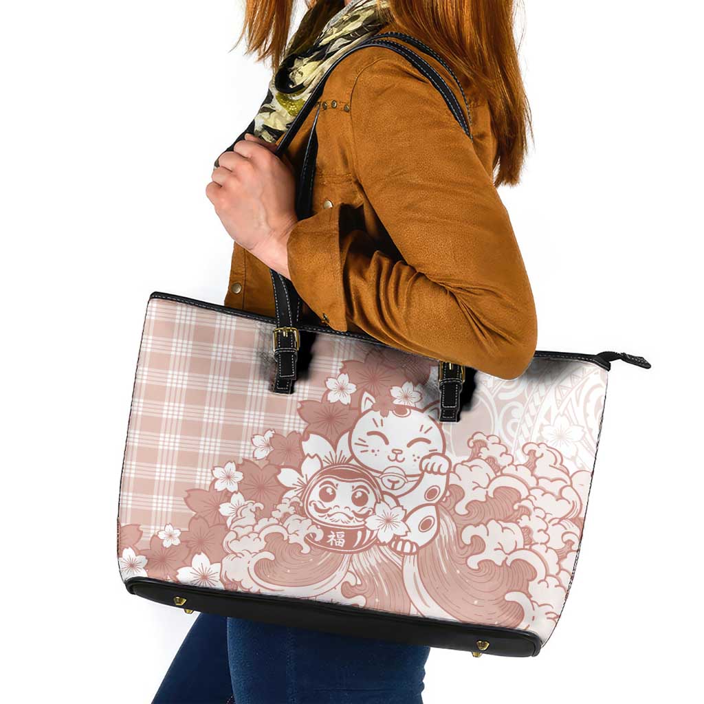 Beige Palaka Hawaiian And Japanese Leather Tote Bag Maneki Neko And Sakura Bloom DT05 Beige - Polynesian Pride