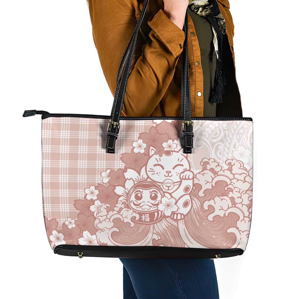 Beige Palaka Hawaiian And Japanese Leather Tote Bag Maneki Neko And Sakura Bloom DT05 - Polynesian Pride