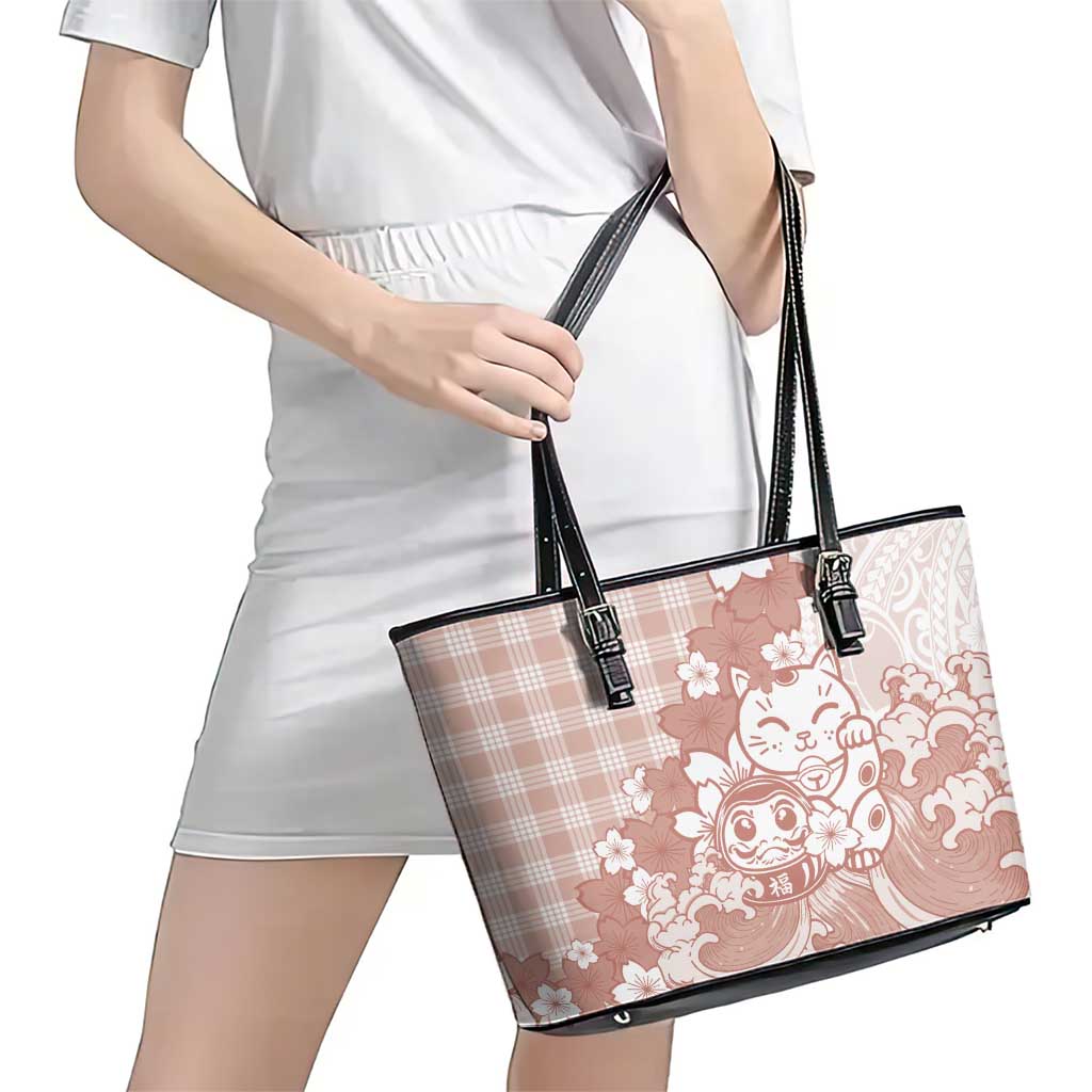 Beige Palaka Hawaiian And Japanese Leather Tote Bag Maneki Neko And Sakura Bloom DT05 - Polynesian Pride