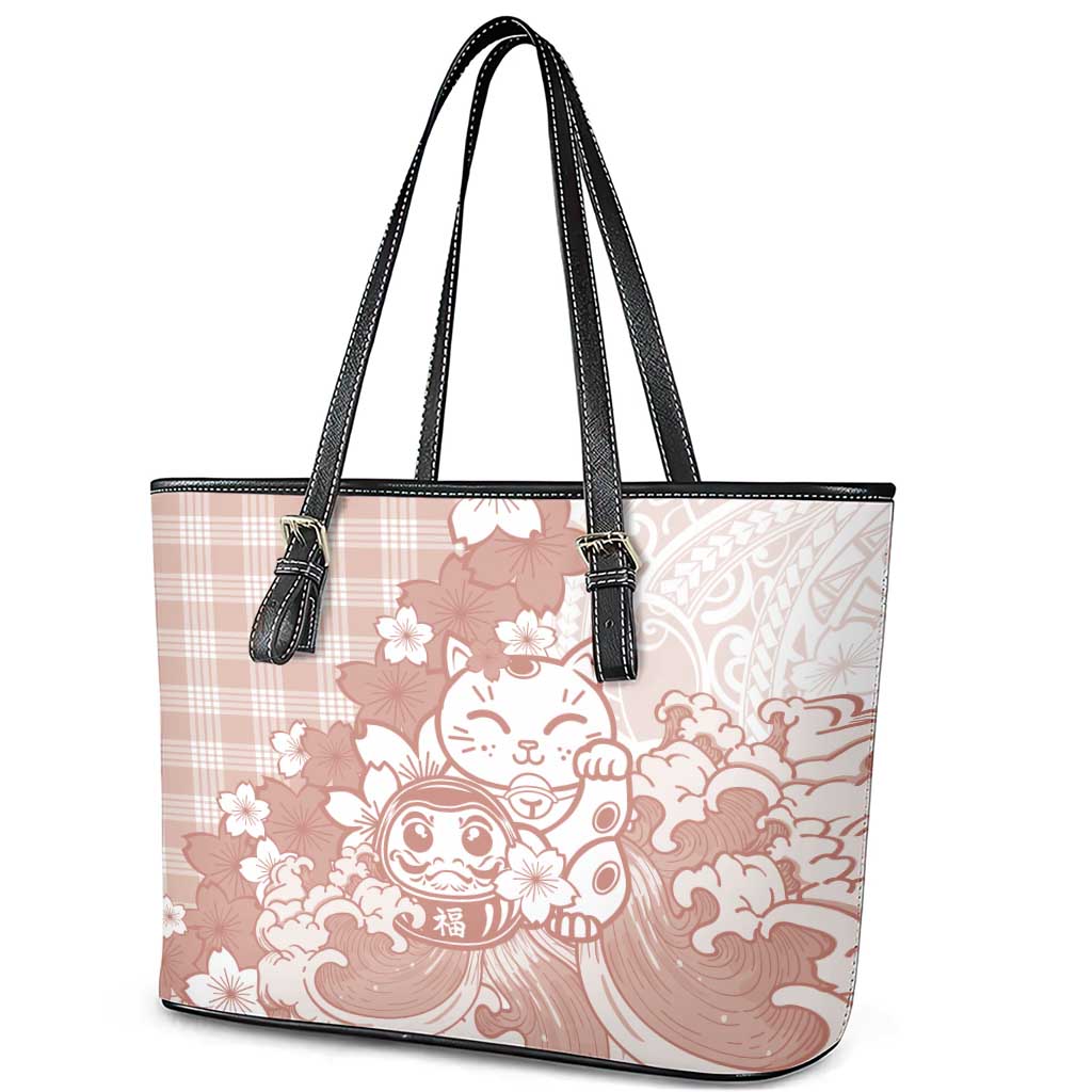 Beige Palaka Hawaiian And Japanese Leather Tote Bag Maneki Neko And Sakura Bloom DT05 - Polynesian Pride