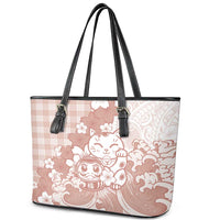 Beige Palaka Hawaiian And Japanese Leather Tote Bag Maneki Neko And Sakura Bloom DT05 - Polynesian Pride