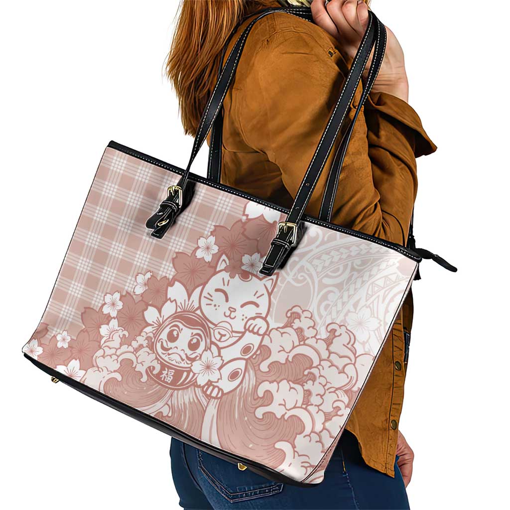 Beige Palaka Hawaiian And Japanese Leather Tote Bag Maneki Neko And Sakura Bloom DT05 - Polynesian Pride