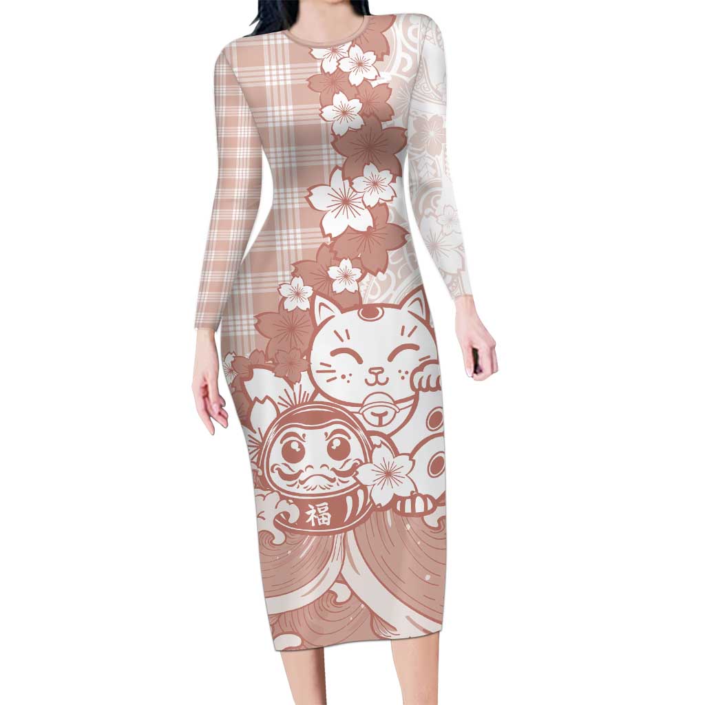 Beige Palaka Hawaiian And Japanese Long Sleeve Bodycon Dress Maneki Neko And Sakura Bloom DT05 Long Dress Beige - Polynesian Pride