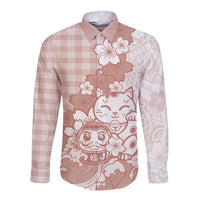 Beige Palaka Hawaiian And Japanese Long Sleeve Button Shirt Maneki Neko And Sakura Bloom DT05 Unisex Beige - Polynesian Pride