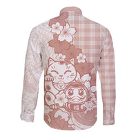 Beige Palaka Hawaiian And Japanese Long Sleeve Button Shirt Maneki Neko And Sakura Bloom DT05 - Polynesian Pride