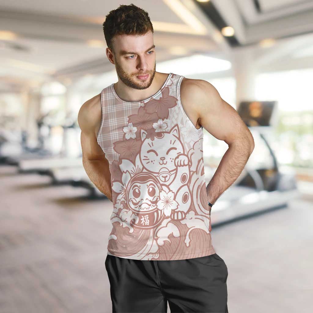 Beige Palaka Hawaiian And Japanese Men Tank Top Maneki Neko And Sakura Bloom DT05 Beige - Polynesian Pride