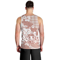 Beige Palaka Hawaiian And Japanese Men Tank Top Maneki Neko And Sakura Bloom DT05 - Polynesian Pride