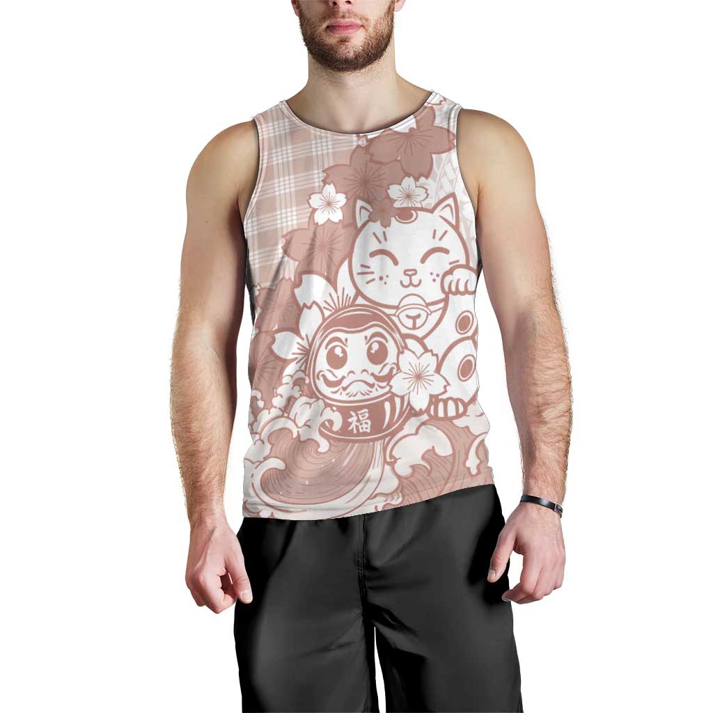 Beige Palaka Hawaiian And Japanese Men Tank Top Maneki Neko And Sakura Bloom DT05 - Polynesian Pride