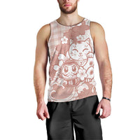 Beige Palaka Hawaiian And Japanese Men Tank Top Maneki Neko And Sakura Bloom DT05 - Polynesian Pride