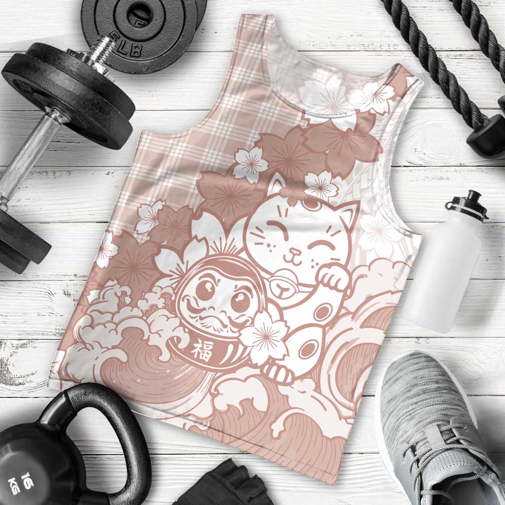 Beige Palaka Hawaiian And Japanese Men Tank Top Maneki Neko And Sakura Bloom DT05 - Polynesian Pride