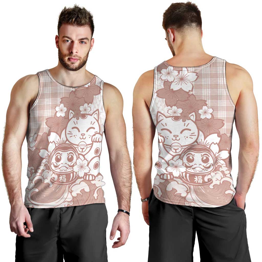 Beige Palaka Hawaiian And Japanese Men Tank Top Maneki Neko And Sakura Bloom DT05 - Polynesian Pride