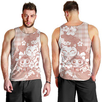 Beige Palaka Hawaiian And Japanese Men Tank Top Maneki Neko And Sakura Bloom DT05 - Polynesian Pride
