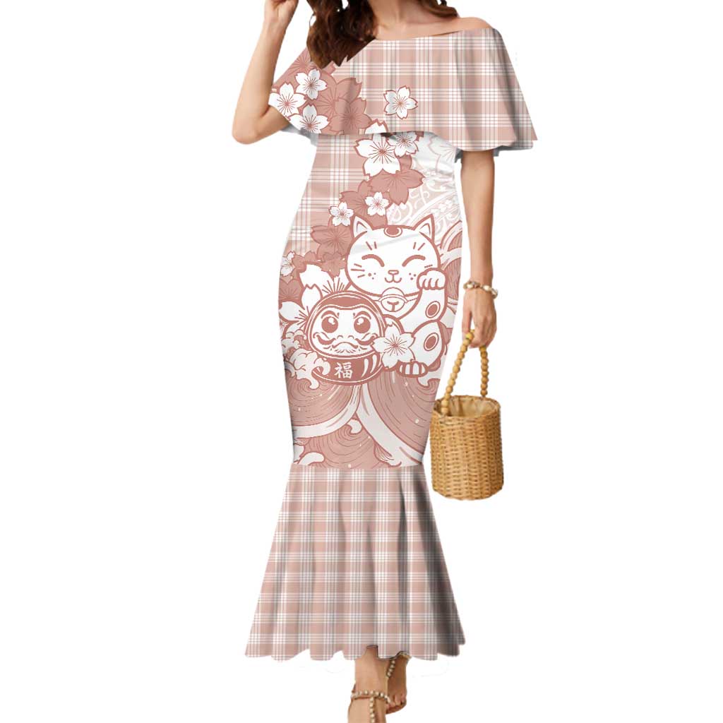 Beige Palaka Hawaiian And Japanese Mermaid Dress Maneki Neko And Sakura Bloom DT05 Women Beige - Polynesian Pride