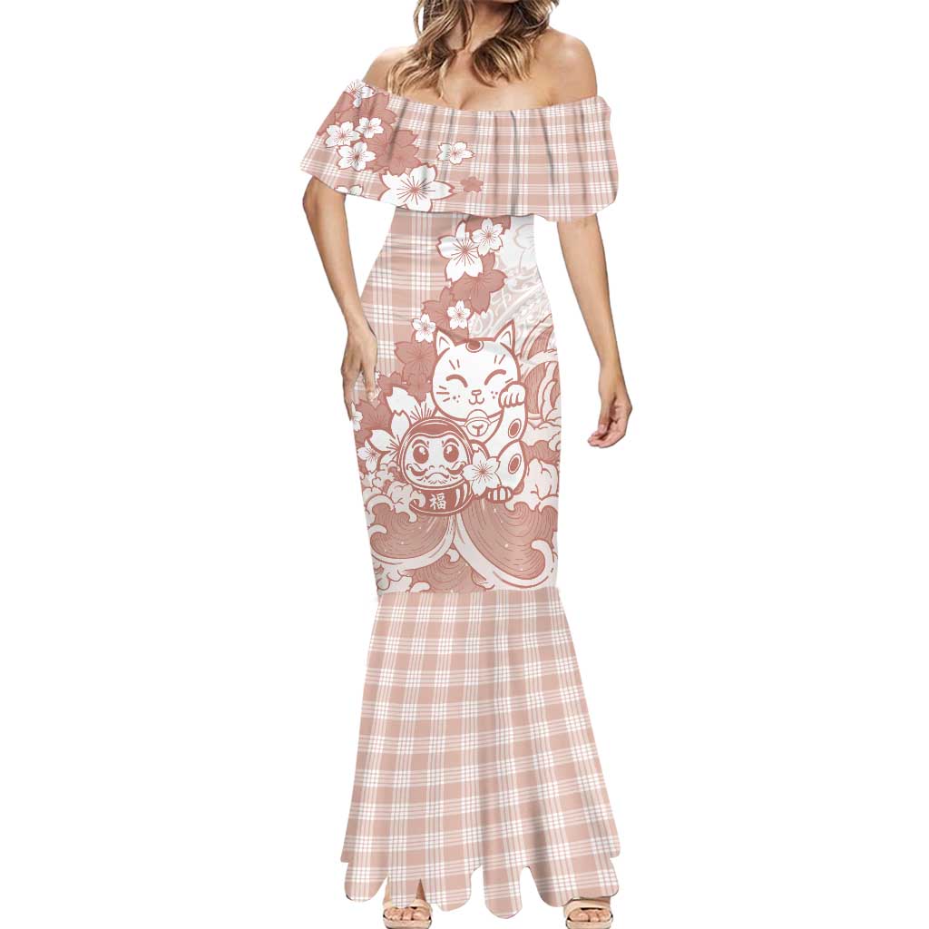 Beige Palaka Hawaiian And Japanese Mermaid Dress Maneki Neko And Sakura Bloom DT05 - Polynesian Pride