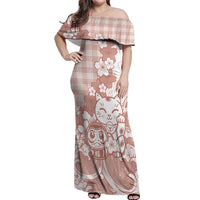 Beige Palaka Hawaiian And Japanese Off Shoulder Maxi Dress Maneki Neko And Sakura Bloom DT05 Women Beige - Polynesian Pride
