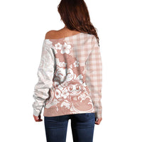 Beige Palaka Hawaiian And Japanese Off Shoulder Sweater Maneki Neko And Sakura Bloom DT05 - Polynesian Pride