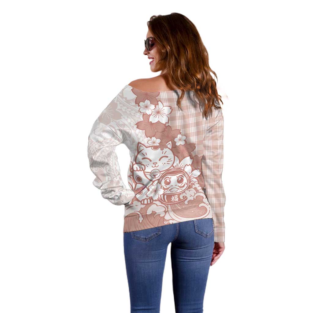 Beige Palaka Hawaiian And Japanese Off Shoulder Sweater Maneki Neko And Sakura Bloom DT05 - Polynesian Pride
