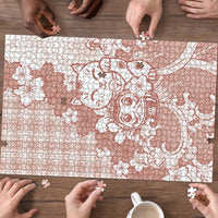 Beige Palaka Hawaiian And Japanese Puzzle Maneki Neko And Sakura Bloom DT05 - Polynesian Pride