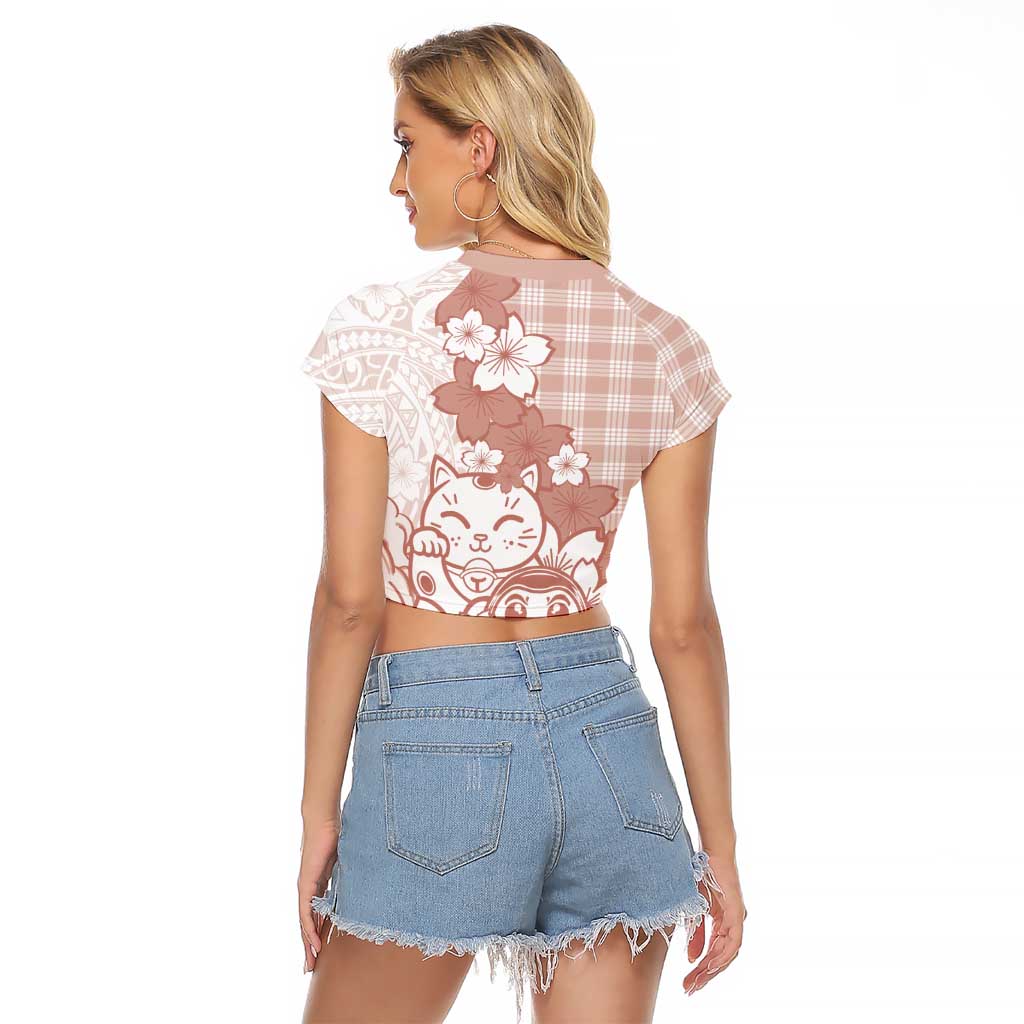 Beige Palaka Hawaiian And Japanese Raglan Cropped T Shirt Maneki Neko And Sakura Bloom DT05 - Polynesian Pride