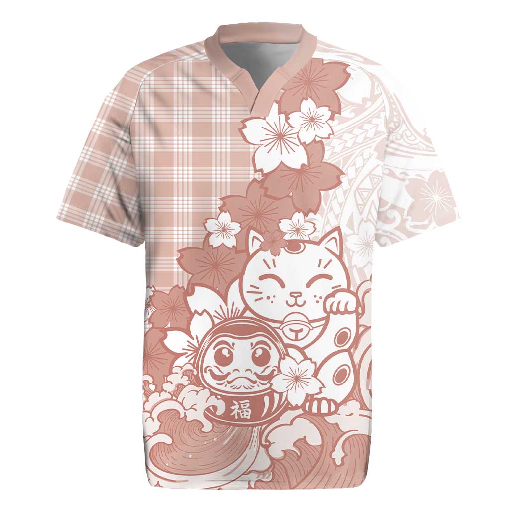 Beige Palaka Hawaiian And Japanese Rugby Jersey Maneki Neko And Sakura Bloom DT05 Beige - Polynesian Pride