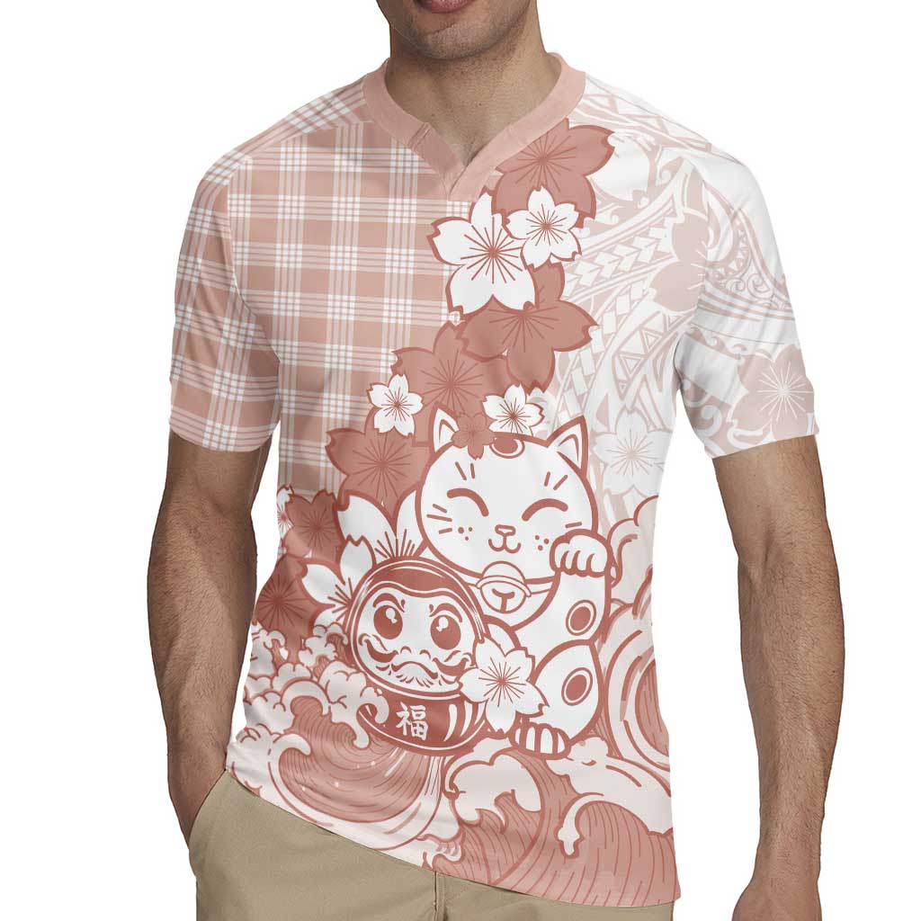 Beige Palaka Hawaiian And Japanese Rugby Jersey Maneki Neko And Sakura Bloom DT05 - Polynesian Pride