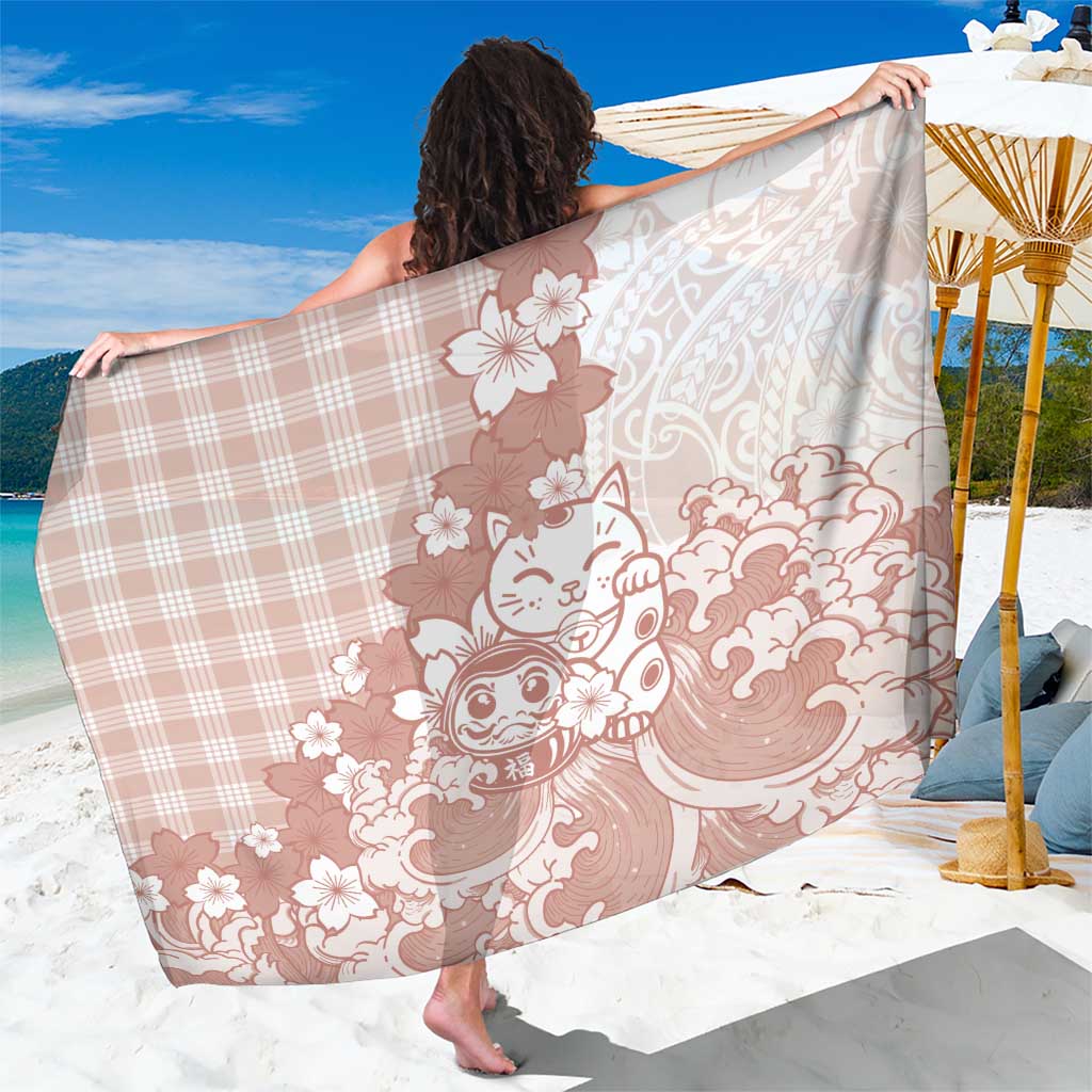 Beige Palaka Hawaiian And Japanese Sarong Maneki Neko And Sakura Bloom DT05 One Size 44 x 66 inches Beige - Polynesian Pride