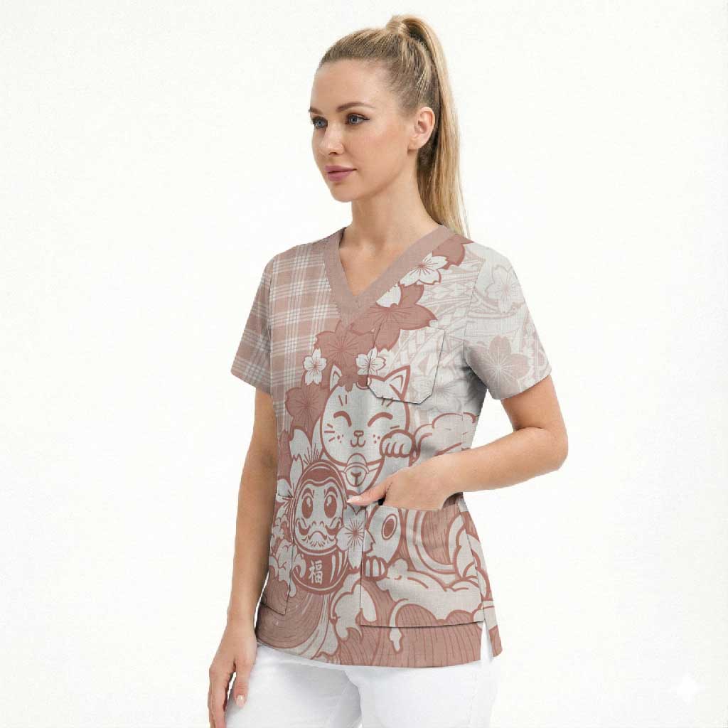 Beige Palaka Hawaiian And Japanese Scrub Top Maneki Neko And Sakura Bloom DT05 - Polynesian Pride