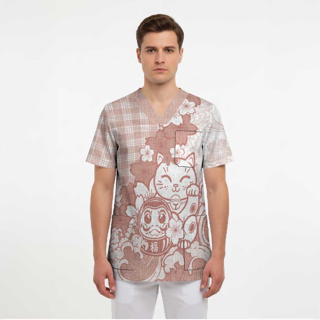 Beige Palaka Hawaiian And Japanese Scrub Top Maneki Neko And Sakura Bloom DT05 - Polynesian Pride