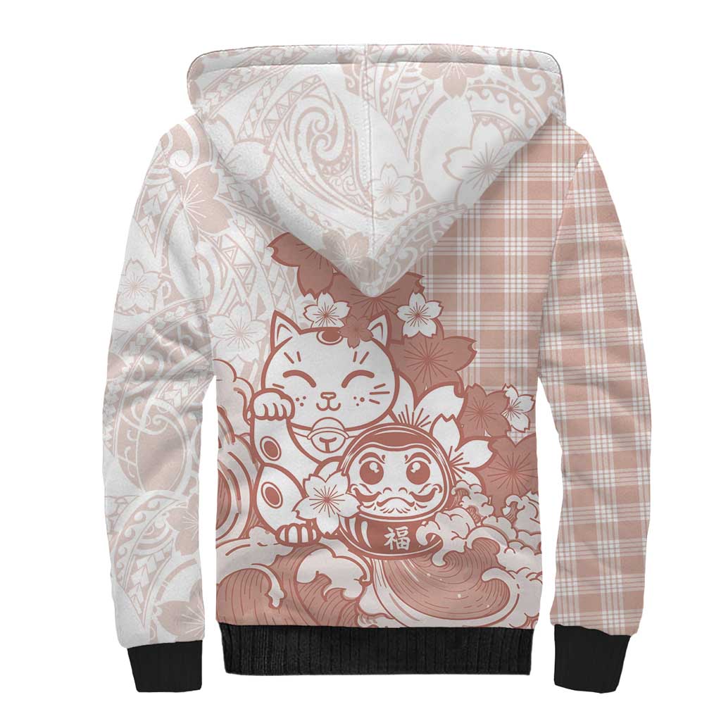 Beige Palaka Hawaiian And Japanese Sherpa Hoodie Maneki Neko And Sakura Bloom DT05 - Polynesian Pride
