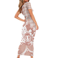 Beige Palaka Hawaiian And Japanese Short Sleeve Bodycon Dress Maneki Neko And Sakura Bloom DT05 - Polynesian Pride