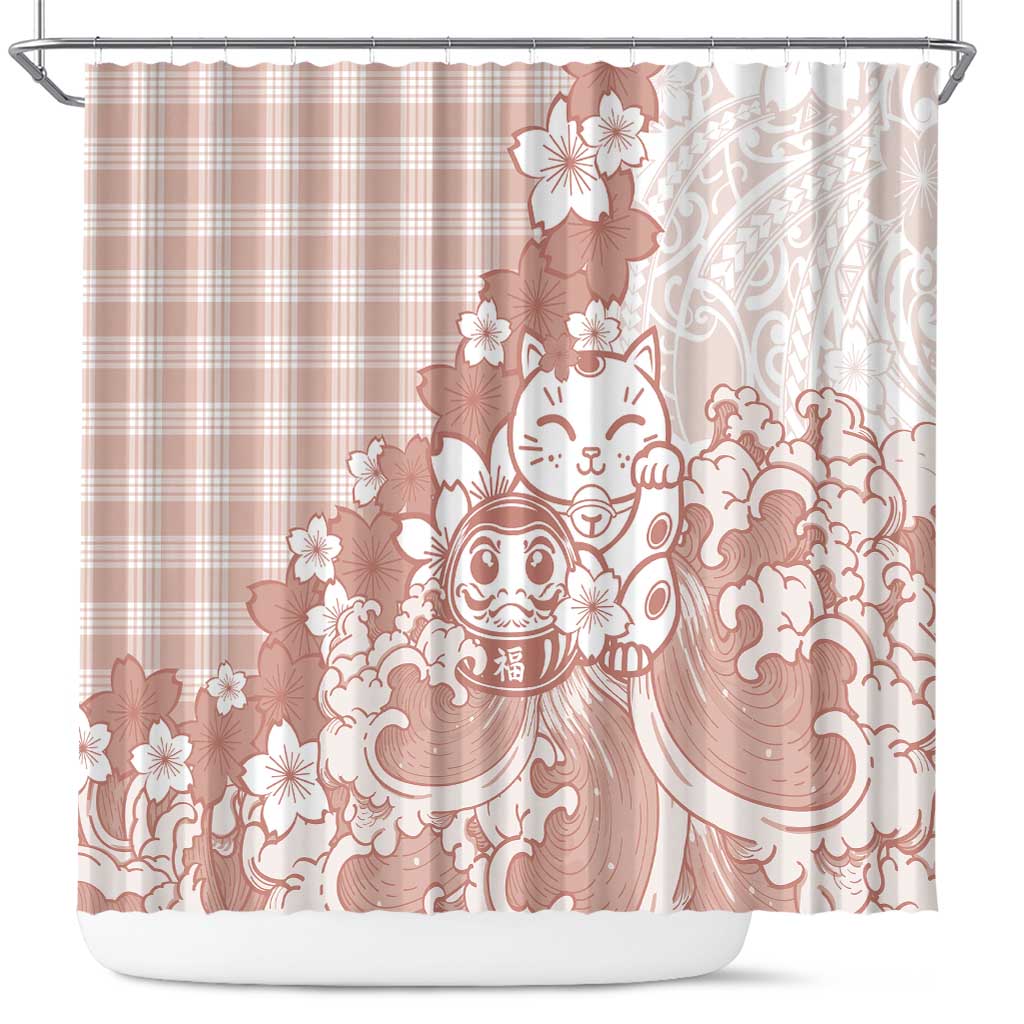 Beige Palaka Hawaiian And Japanese Shower Curtain Maneki Neko And Sakura Bloom DT05 Beige - Polynesian Pride