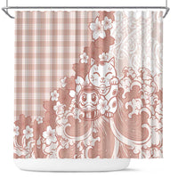 Beige Palaka Hawaiian And Japanese Shower Curtain Maneki Neko And Sakura Bloom DT05 Beige - Polynesian Pride